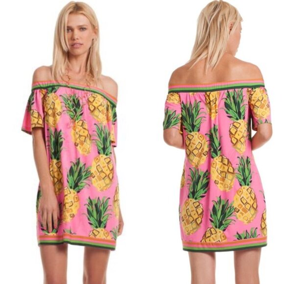 Trina Turk Kelso Pineapple Dress Off The Shoulder Short Sleeve Sheath Pink M - Picture 1 of 9